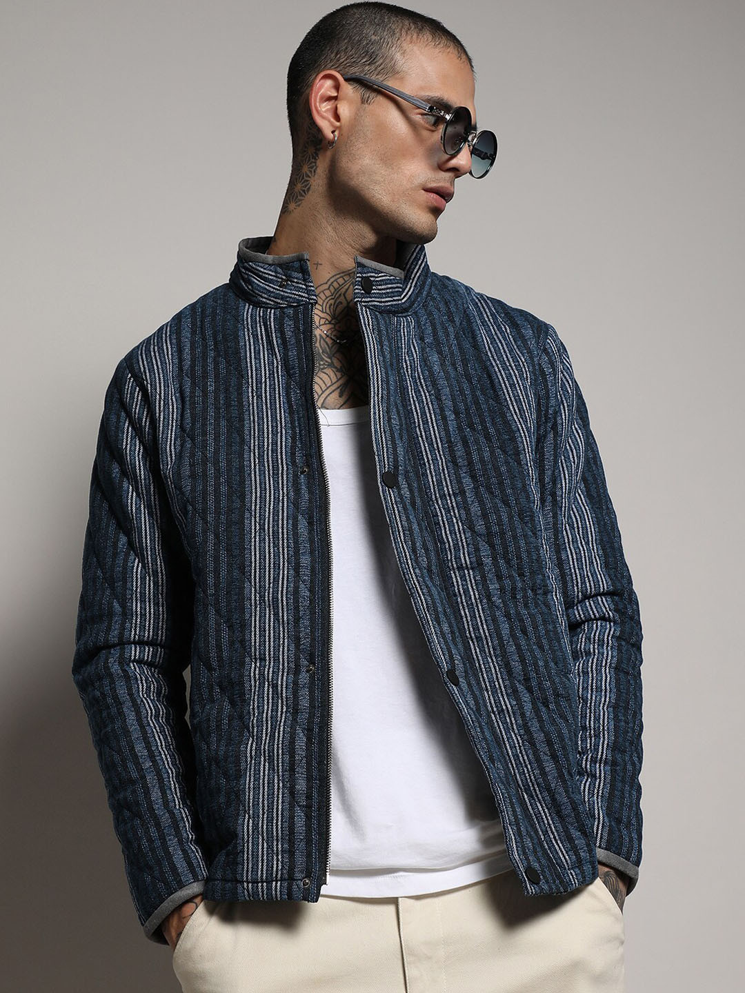 Campus Sutra Black, Navy Blue Striped Windcheater Cotton Quilted Jacket