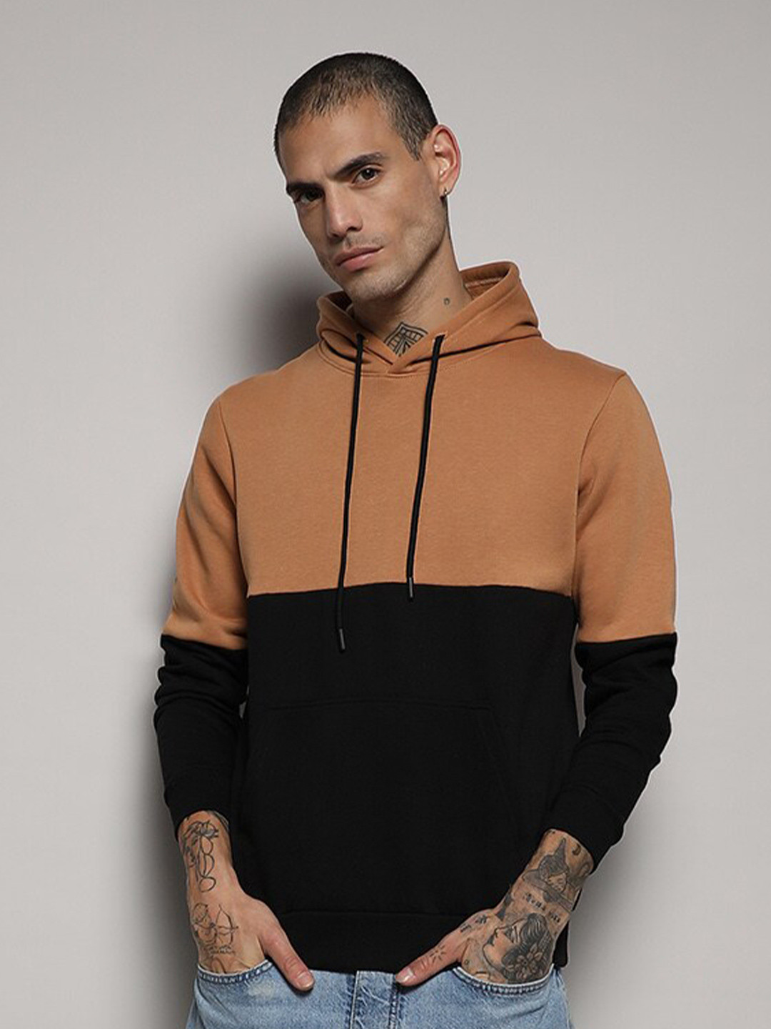 Campus Sutra Black & Brown Colourblocked Hooded Cotton Sweatshirt
