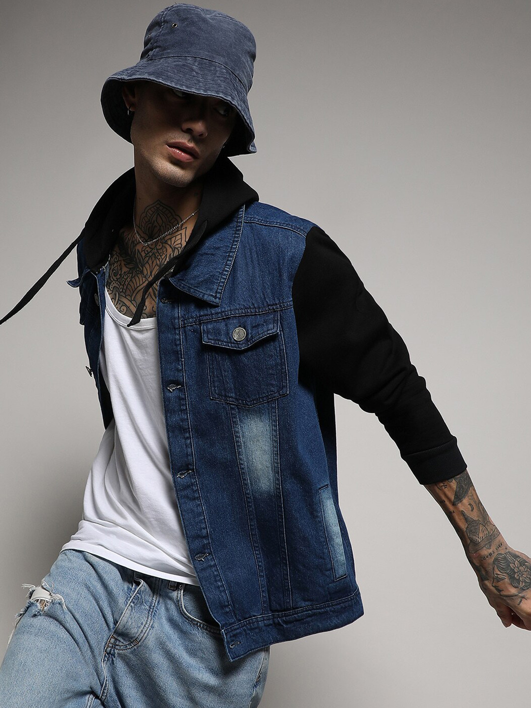 Campus Sutra Blue Long Sleeves Windcheater Hooded Denim Jacket