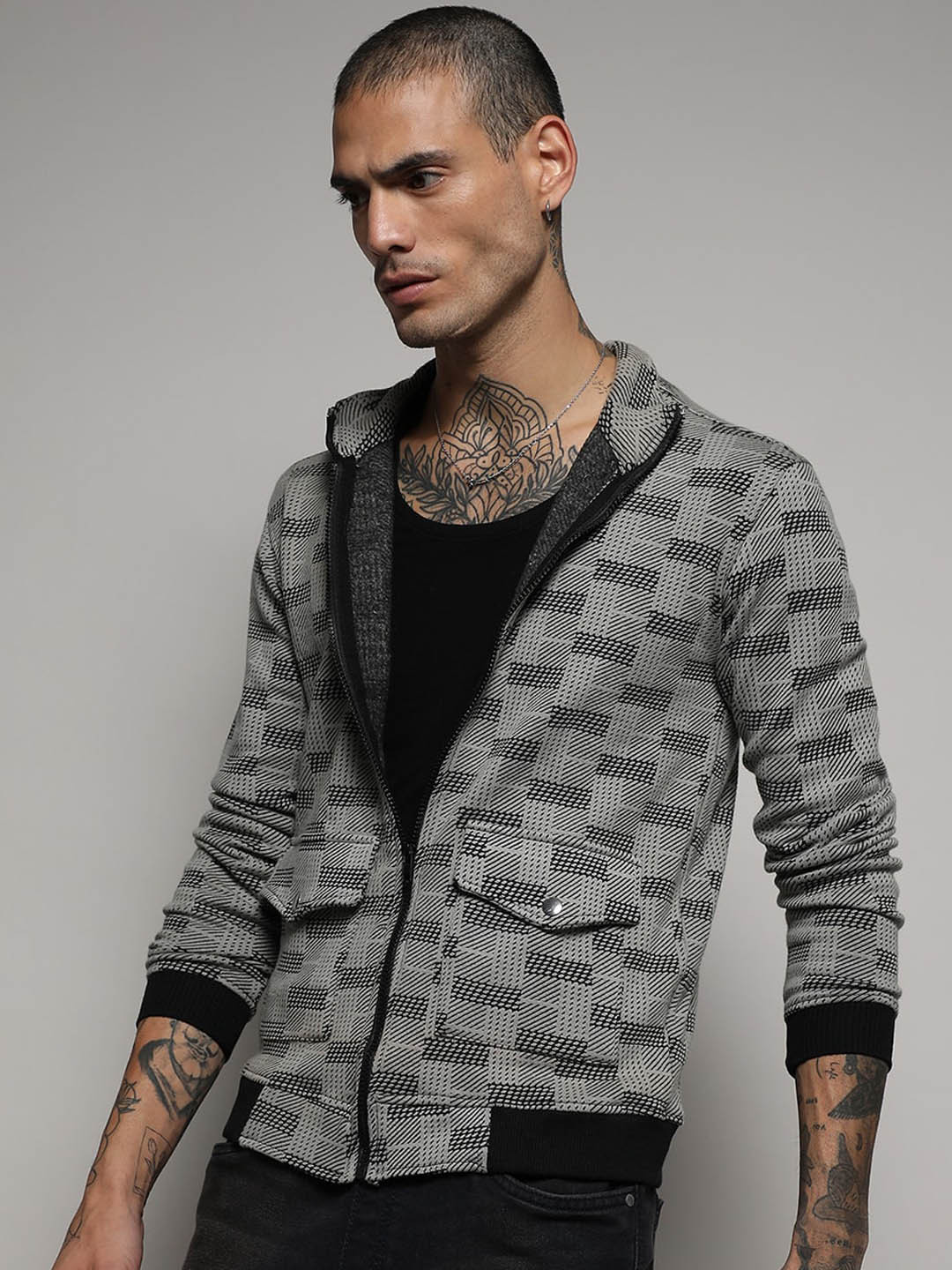 Grey Checked Windcheater Mock Collar Cotton Jacket
