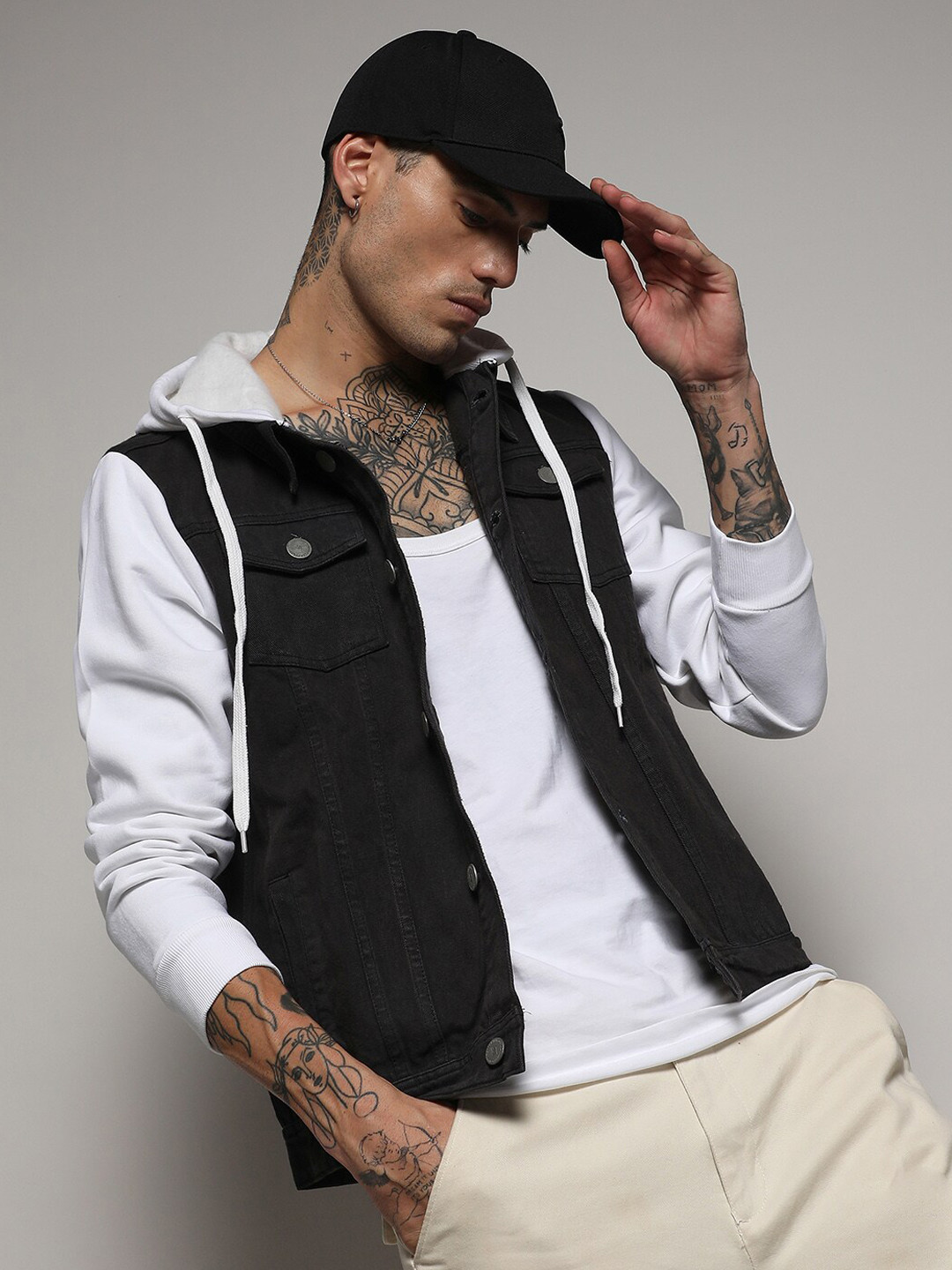 Campus Sutra Navy Blue & White Washed Windcheater Denim Jacket