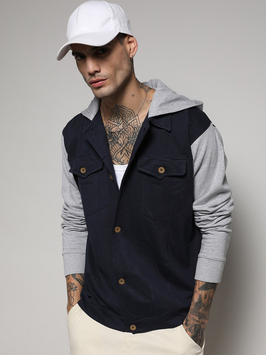 CAHOOT Men's Grey & Navy Blue Windcheater Regular Denim Jacket