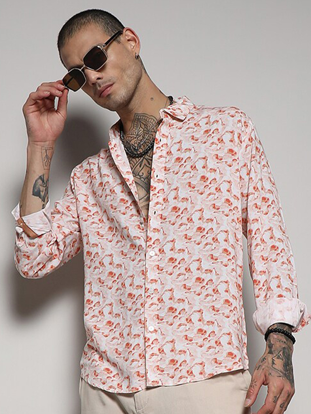 CAHOOT Men's Classic Abstract Printed Spread Collar Casual Shirt