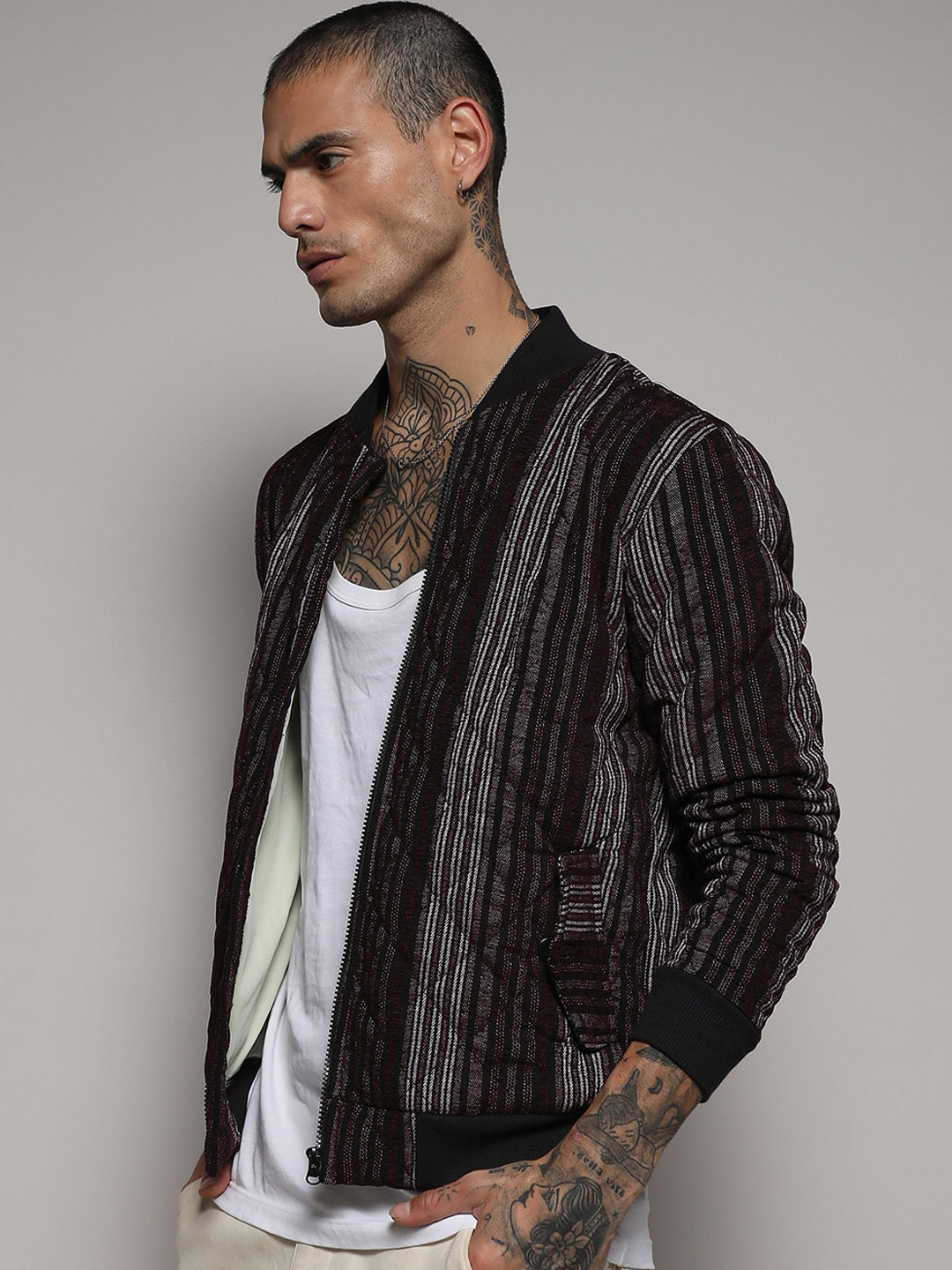 Campus Sutra Striped StandCollar Windcheater Cotton Bomber Jacket