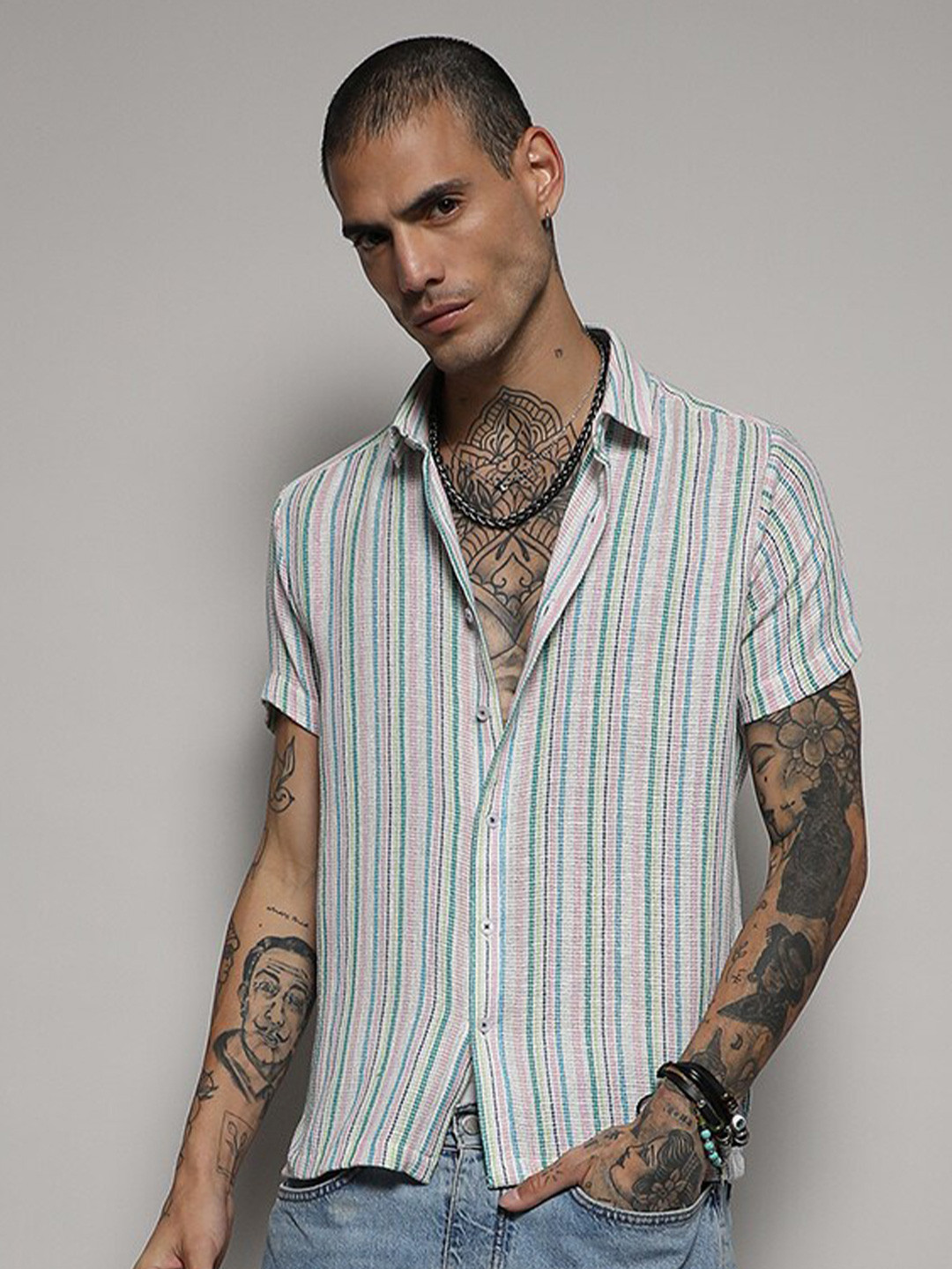 Campus Sutra Unbalanced Striped Woven Shirt
