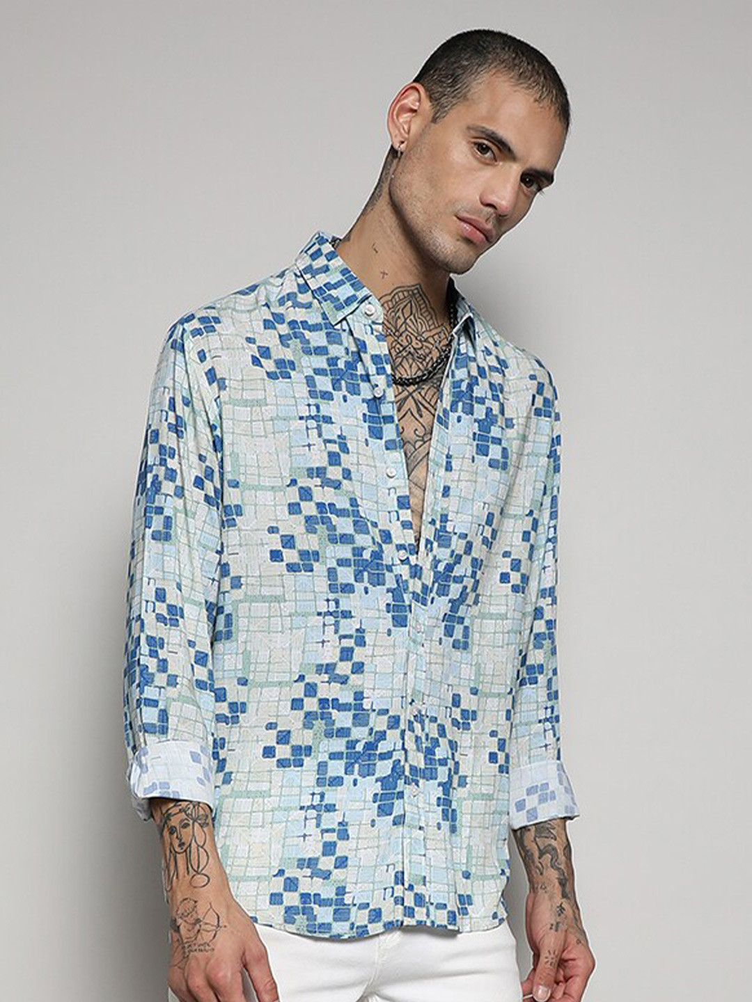 CAHOOT Men's Blue Classic Geometric Printed Spread Collar Casual Shirt