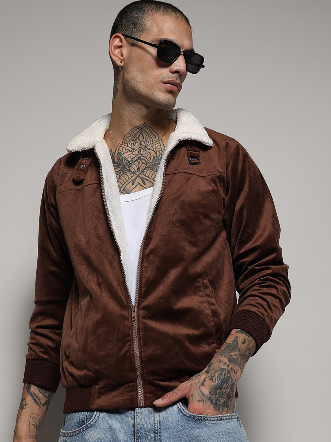 Campus Sutra Brown Suede Windcheater Puffer Jacket