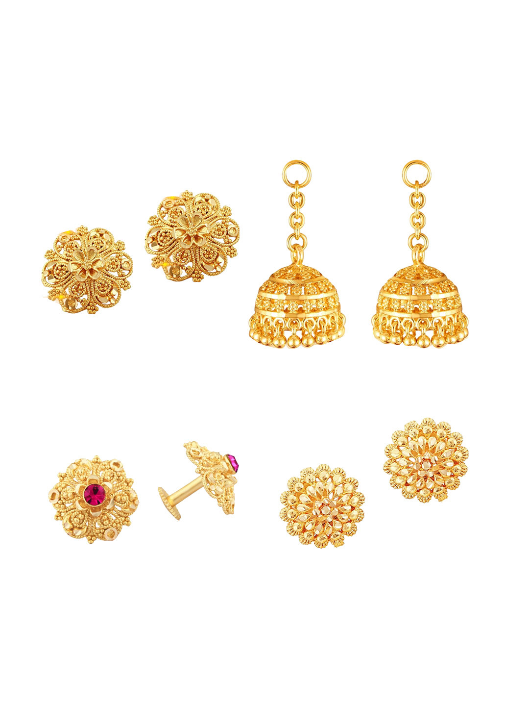 Vighnaharta Set of 3 Gold Plated Floral Stud Earrings With Removable Jhumkas