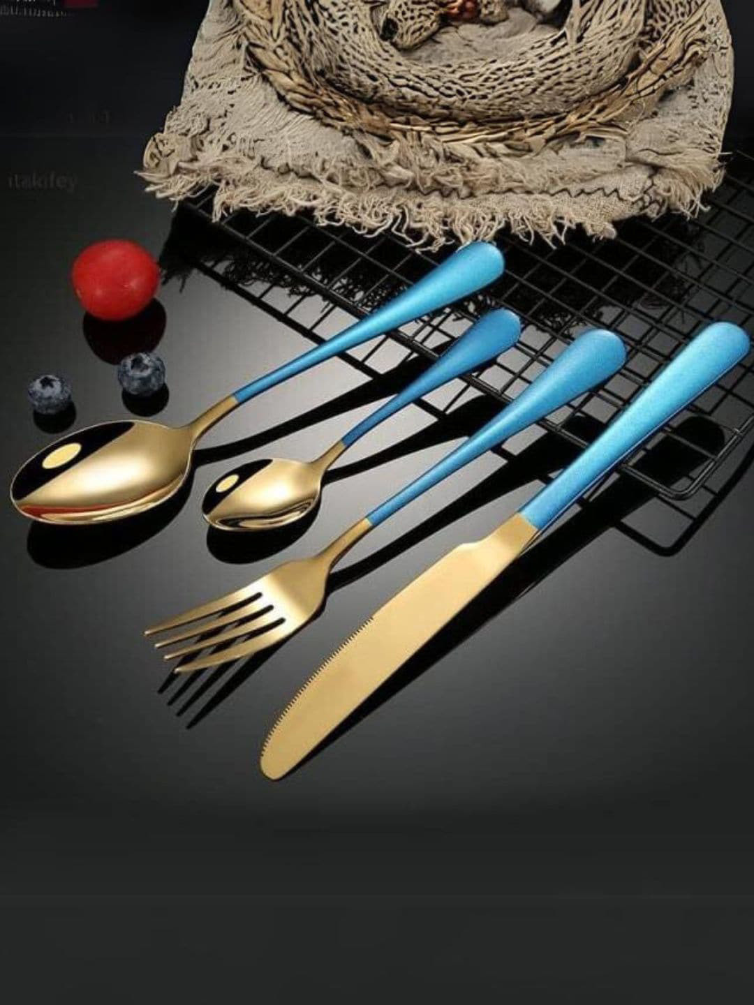 YELONA Gold Toned & Blue 48 Pieces Luxury Stainless Steel Cutlery Set