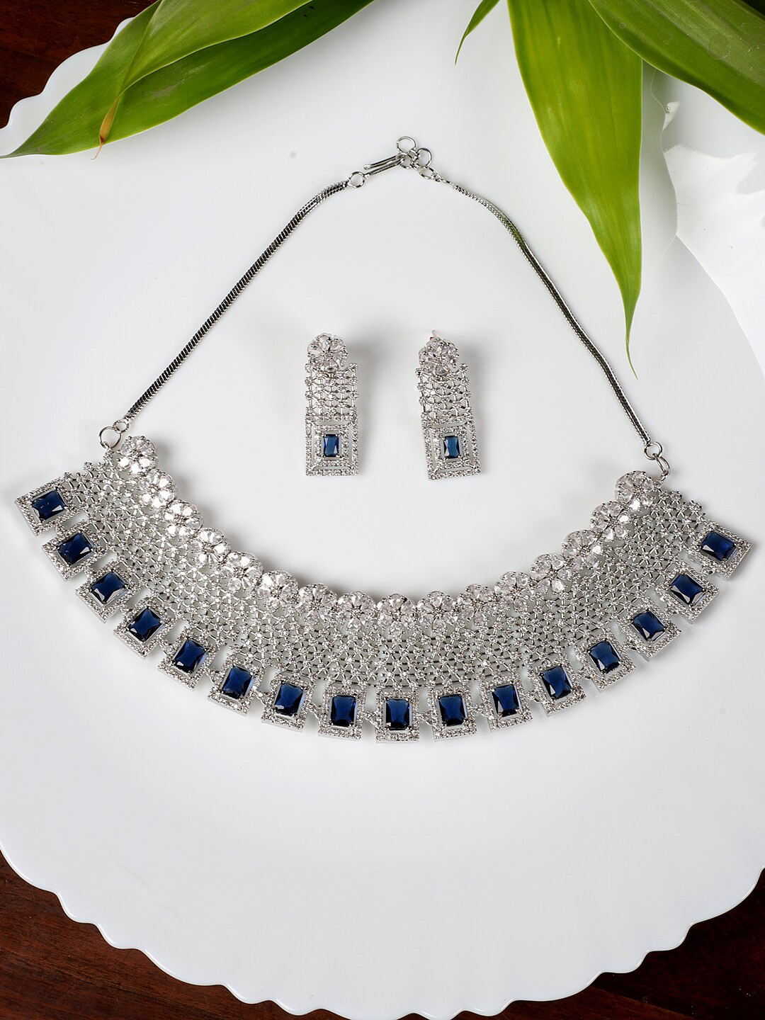 FIROZA Rhodium Plated Stone Studded Jewellery Set