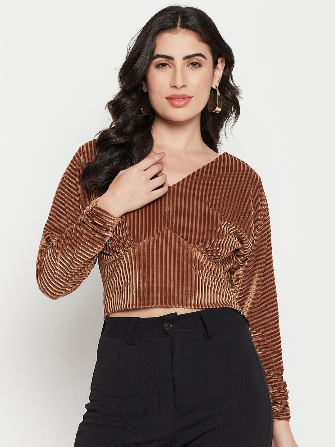 Madame Tan Vertical Stripes Extended Sleeves Crop Top