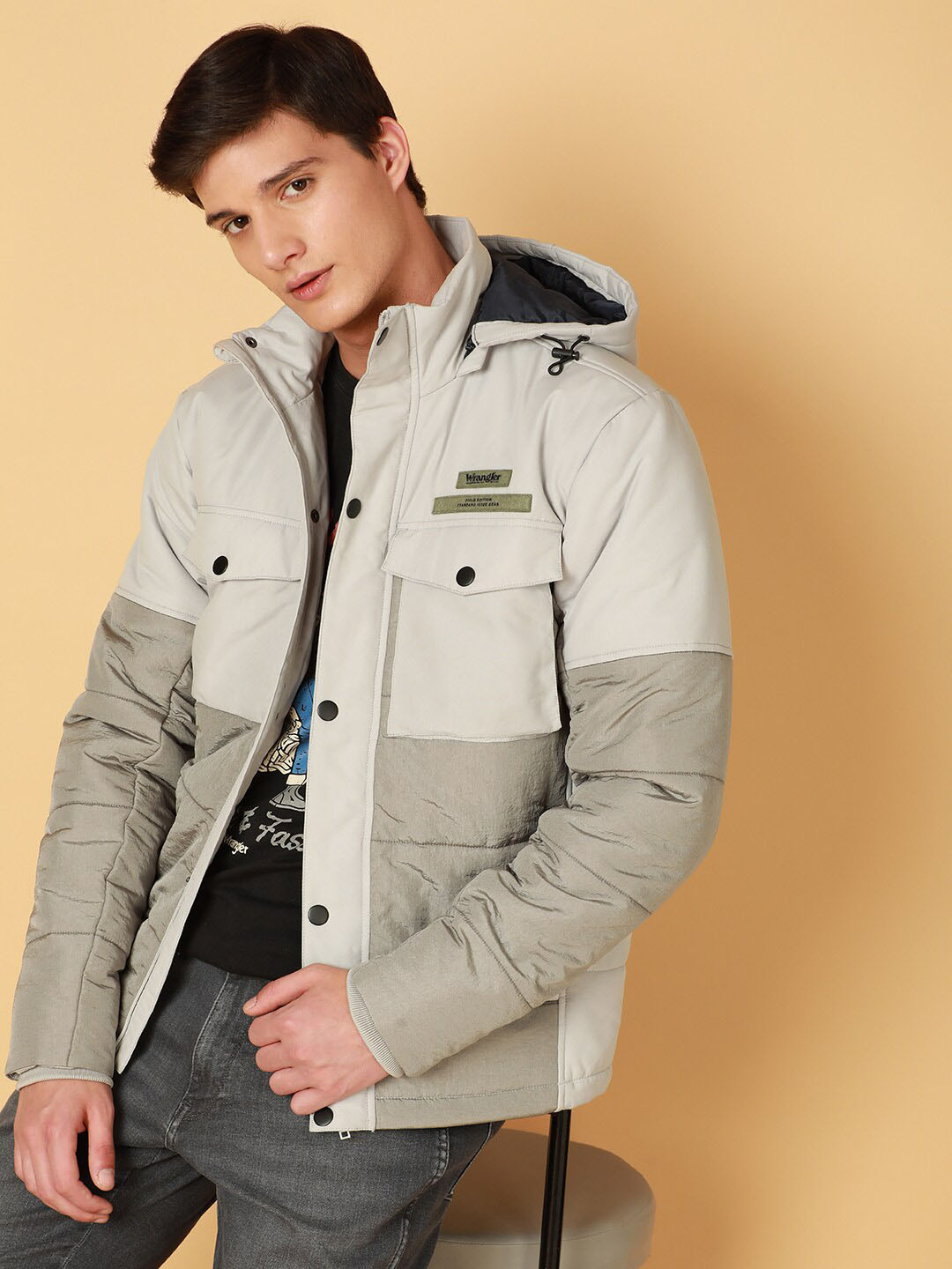 Wrangler Colourblocked Hooded Puffer Jacket
