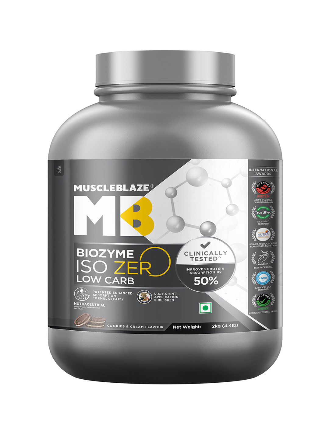 MuscleBlaze Biozyme No Added Sugar Low Carb Whey Protein Cookies & Cream - 2Kg