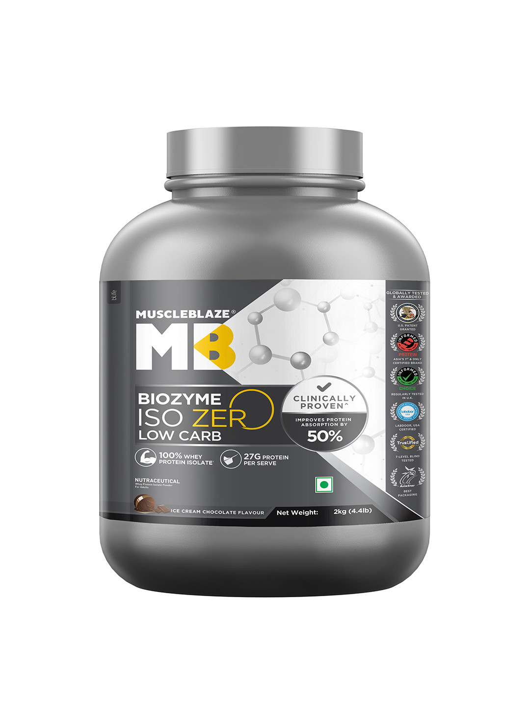MuscleBlaze  Biozyme Iso-Zero, Low Carb, 100% Pure Whey Protein Isolate Proteins - 2Kg