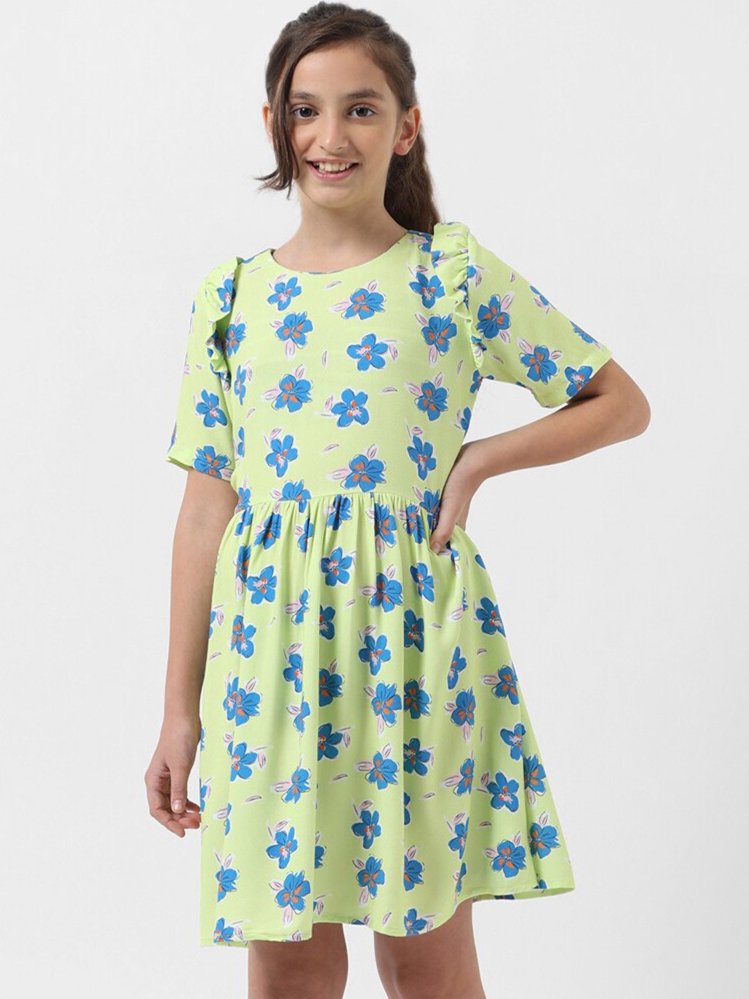 Vero Moda Girls Floral Printed Gathered Fit & Flare Dress