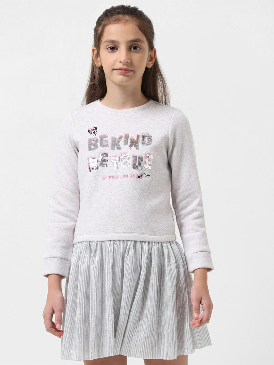 Vero Moda Girls Minnie Mouse Embroidered Sequinned Cotton A-Line Dress