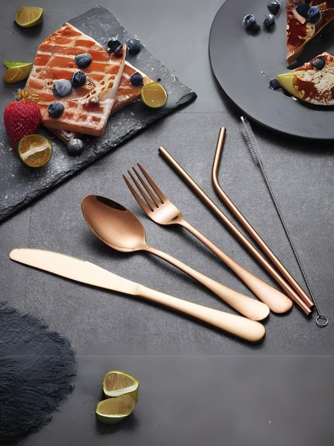 YELONA Rose Gold Toned 8 Pieces Stainless Steel Cutlery Set With Pouch