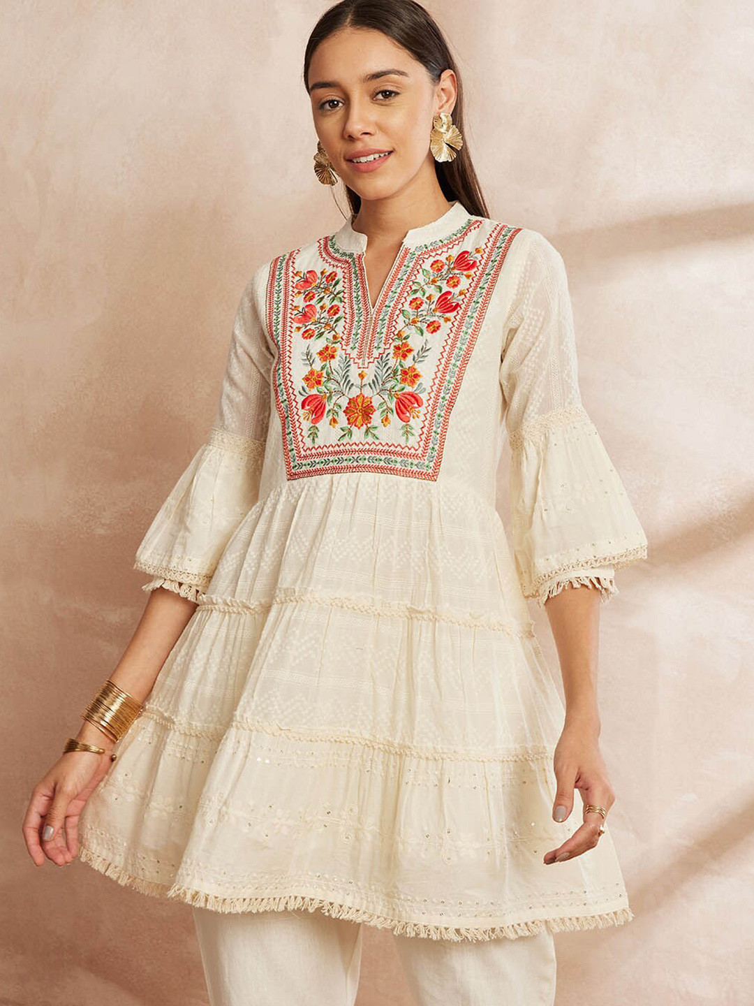 all about you Geometric Woven Design Thread Work Pure Cotton Dobby Weave Anarkali Short Kurti
