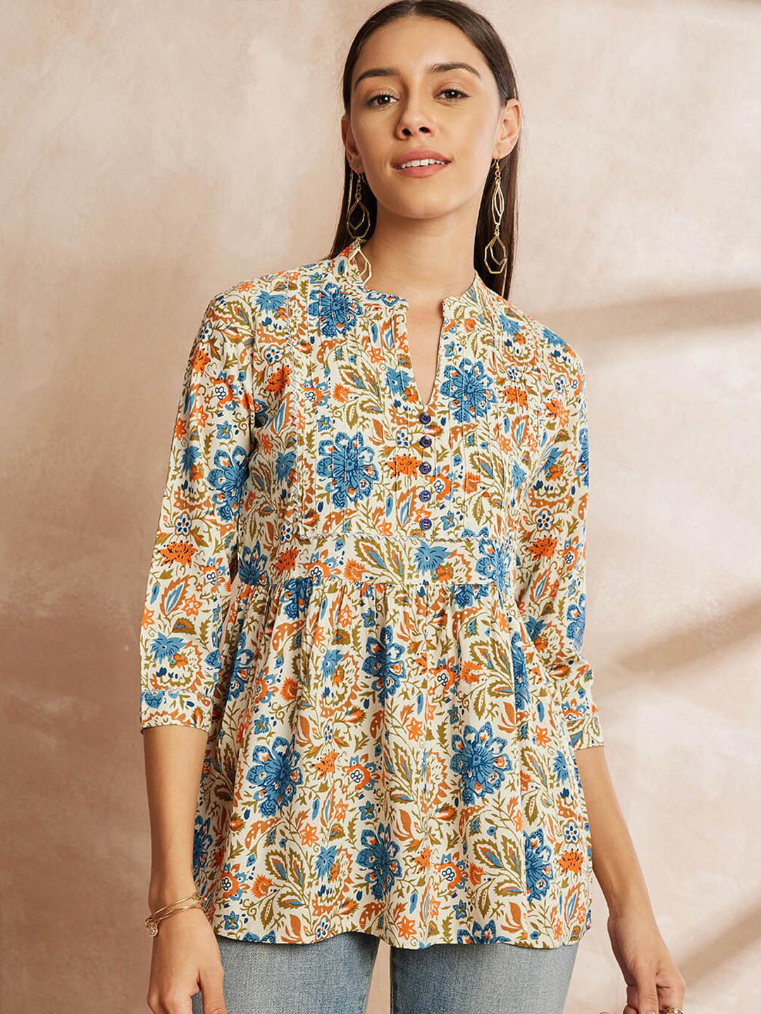 all about you Floral Printed Mandarin Collar Tunic