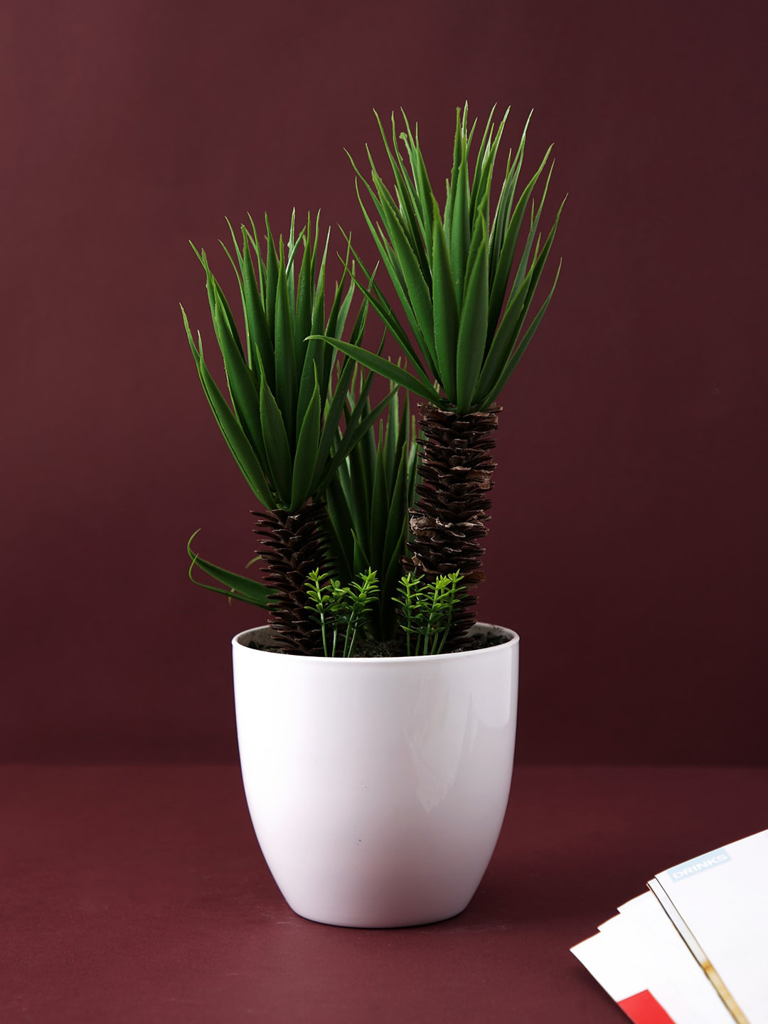 TAYHAA Green Plastic Artificial Plant with White ABS Plastic Pot