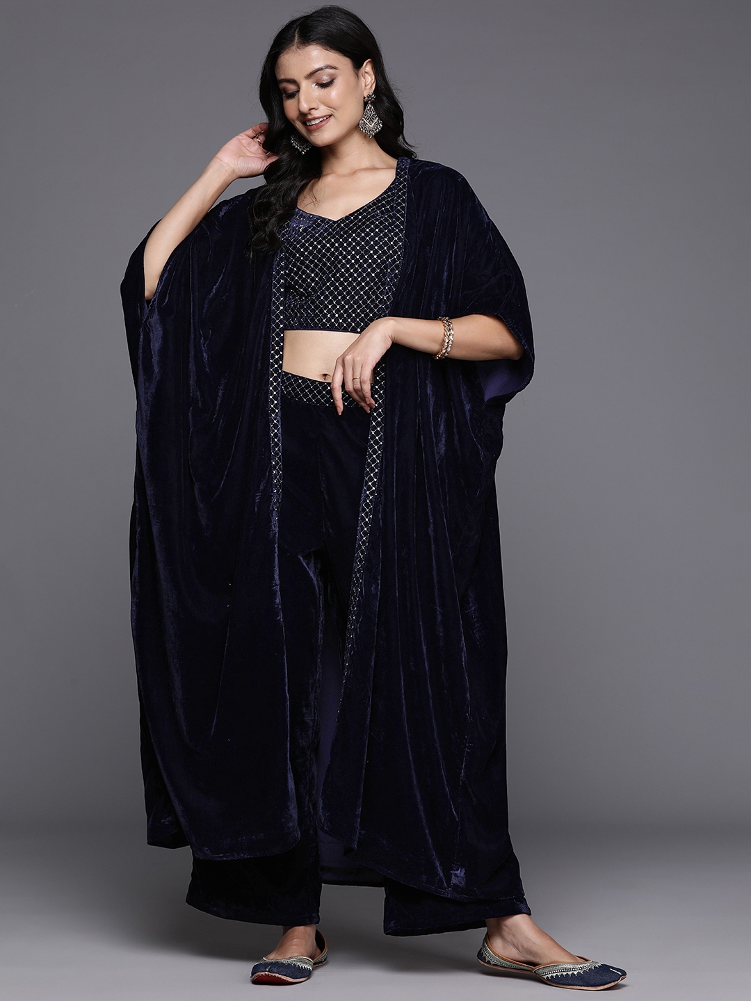 Libas Women Embroidered Velvet Crop Top With Palazzo And Shrug - Co Ords for Women 25557176 | Myntra