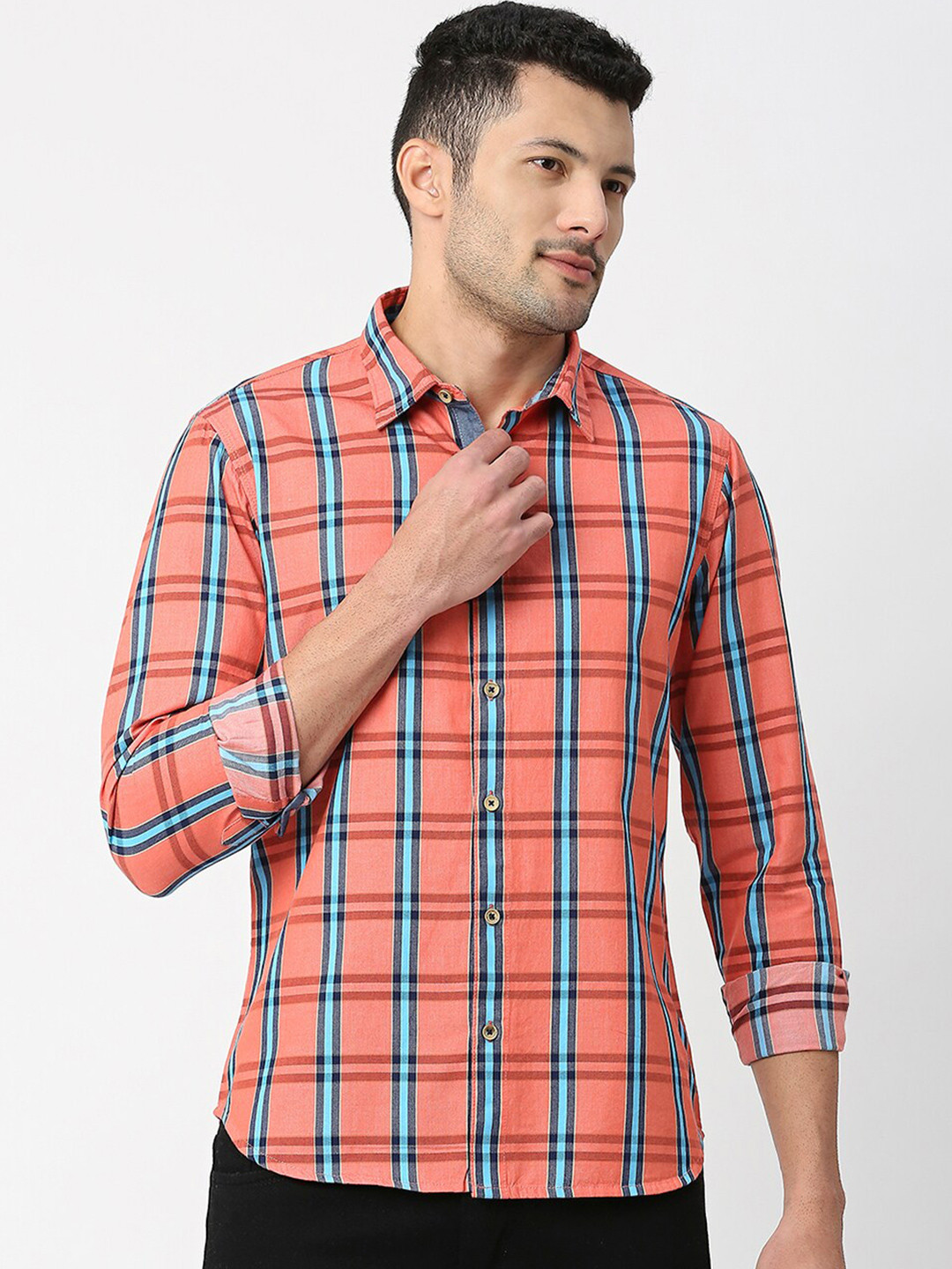 SNX Orange Classic Tailored Fit Tartan Checked Pure Cotton Casual Shirt