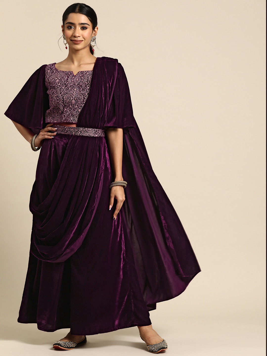 Libas Burgundy Embellished Embroidered Velvet Palazzo Saree with Belt