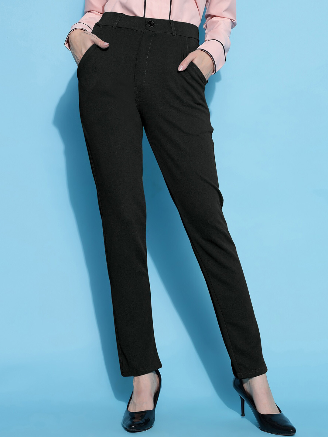 FITHUB Women Sharp Slim Fit High-Rise Lint Free Cotton Trousers