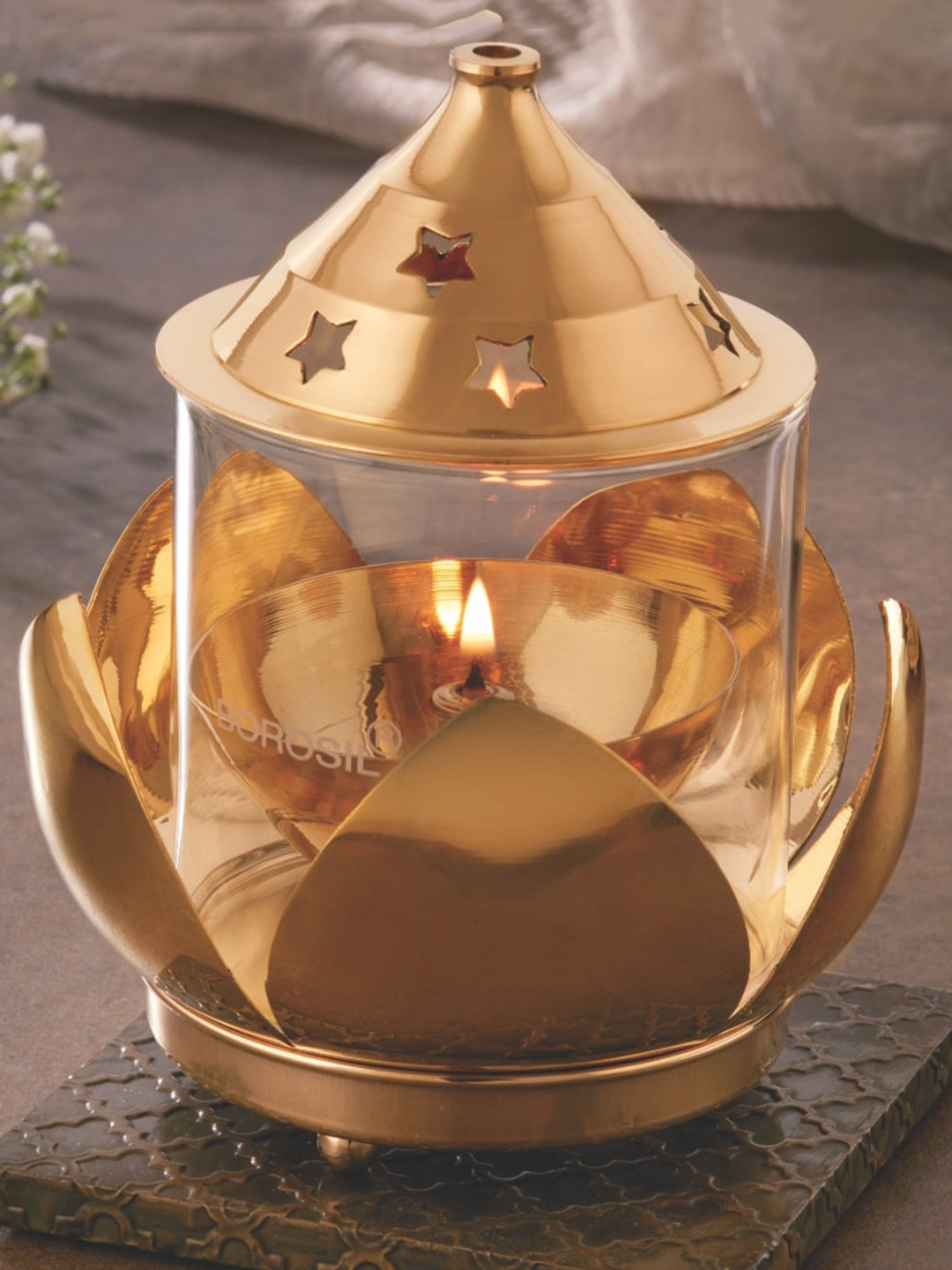 BOROSIL Subh Diya Gold Toned Decorative  Glass Oil Lamp, Tea Light Holder & Glass Chimney