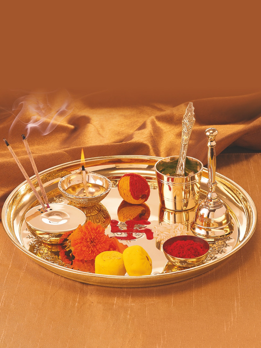 BOROSIL Gold-Toned Puja Thali Diya & Bell Set
