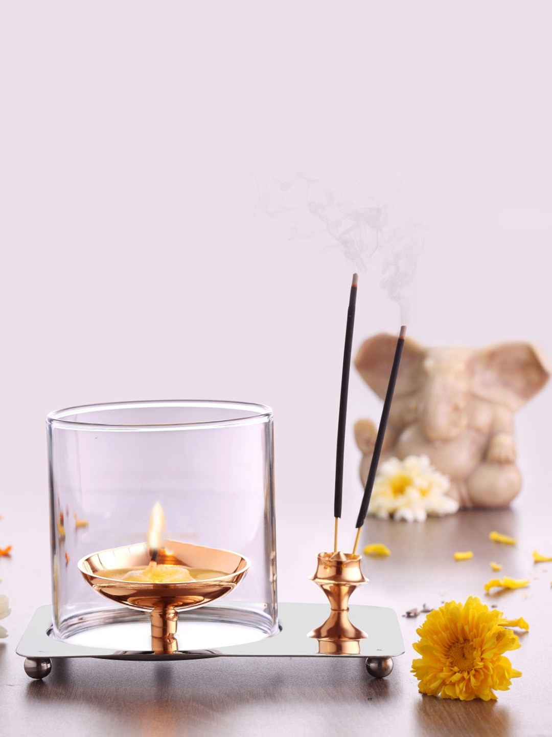 BOROSIL Transparent Aarti Diya Brass Glass Oil Lamp, Tea Light Holder With Glass Chimney