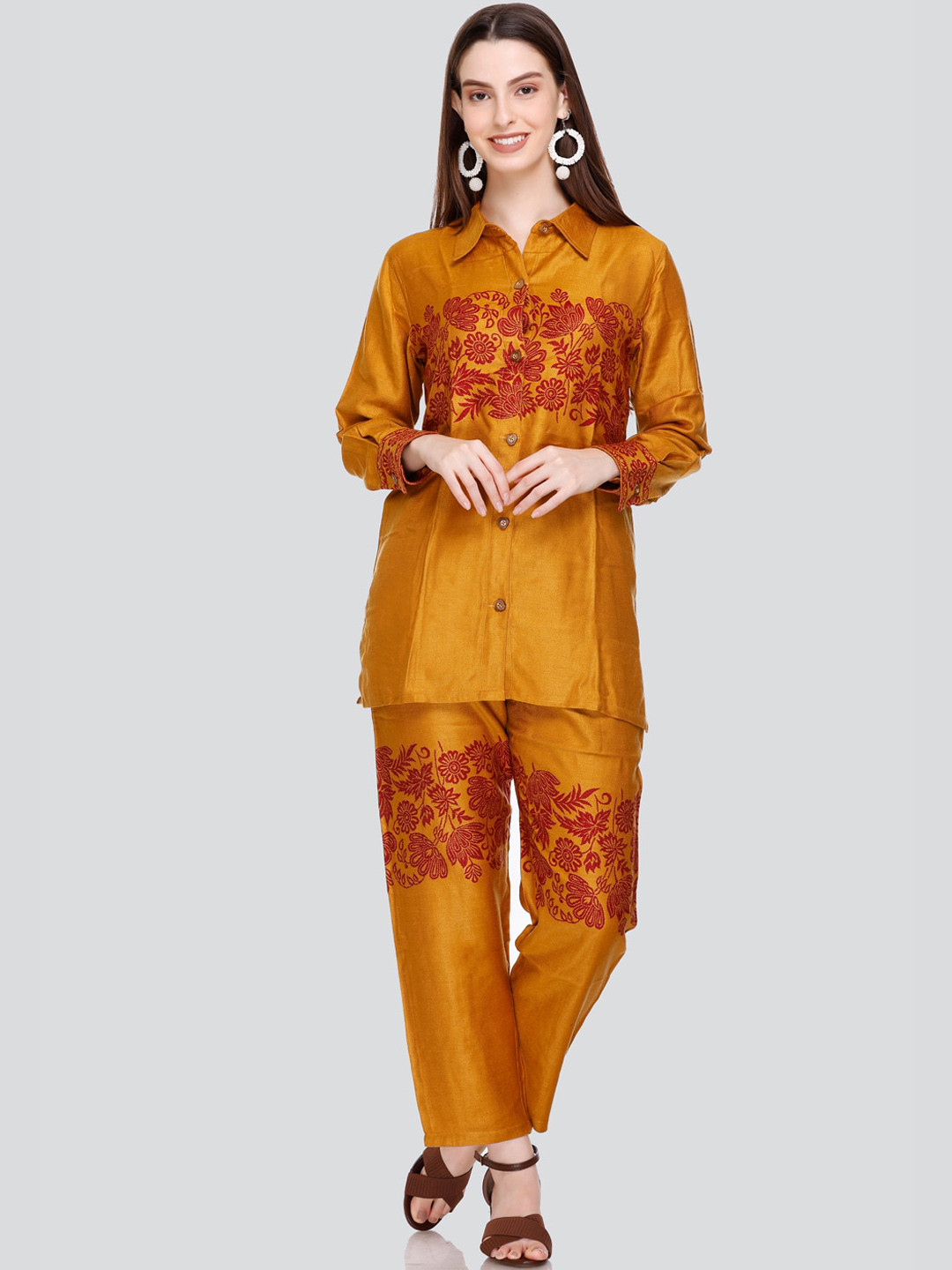 HOUSE OF KIRNA'S WITH LOGO OF HOK Floral Woven Design Acrylic Shirt & Trousers Co-Ords