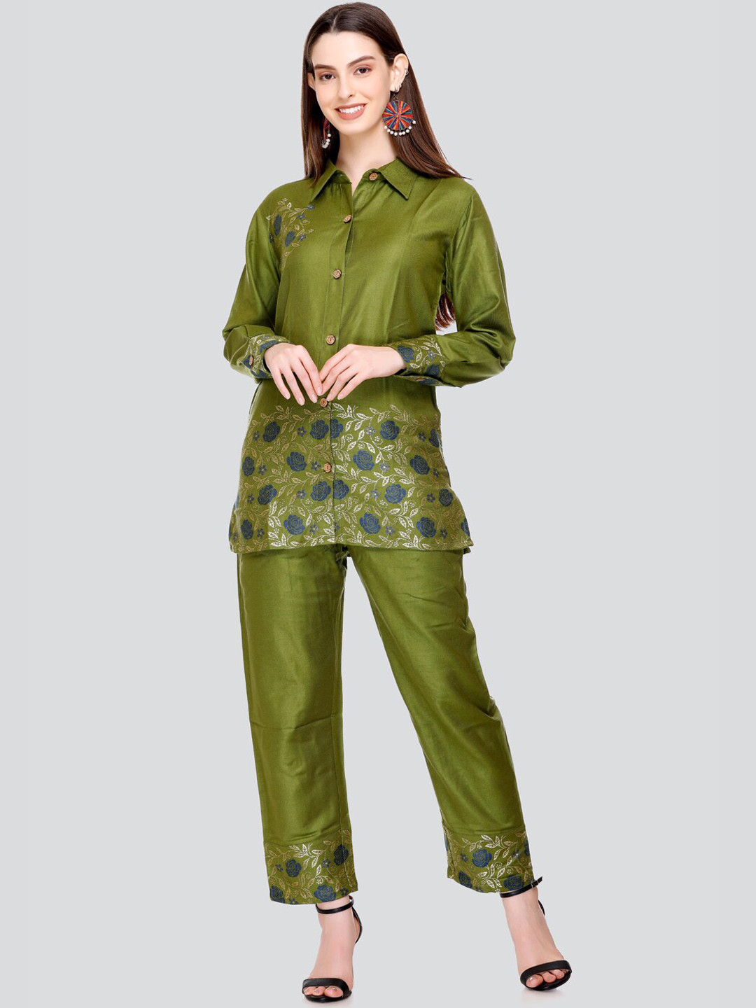 HOUSE OF KIRNA'S WITH LOGO OF HOK Floral Woven Design Acrylic Shirt & Trouser Co-Ords