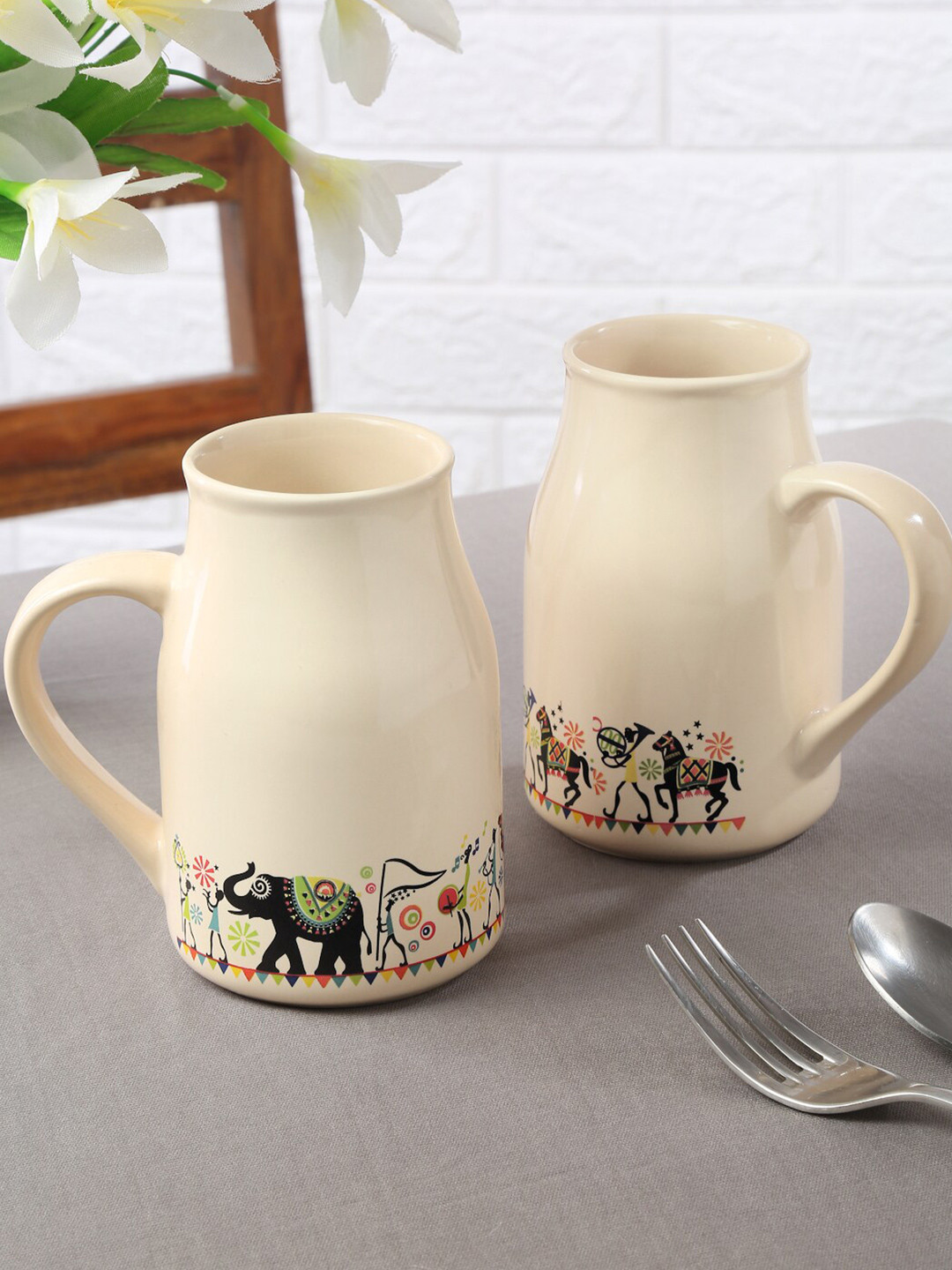 Shilpkara White & Black 2 Pieces Printed Ceramic Matte Cups