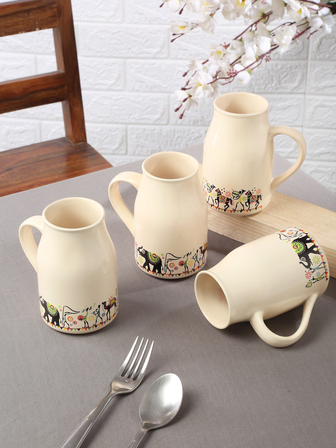 Shilpkara White 4 Pieces Printed Ceramic Matte Kettle Set