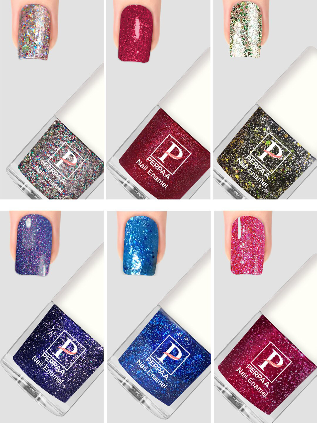 PERPAA Set Of 6 Glitter Light Flashing Sparkly Gel Nail Polish - 5ml Each