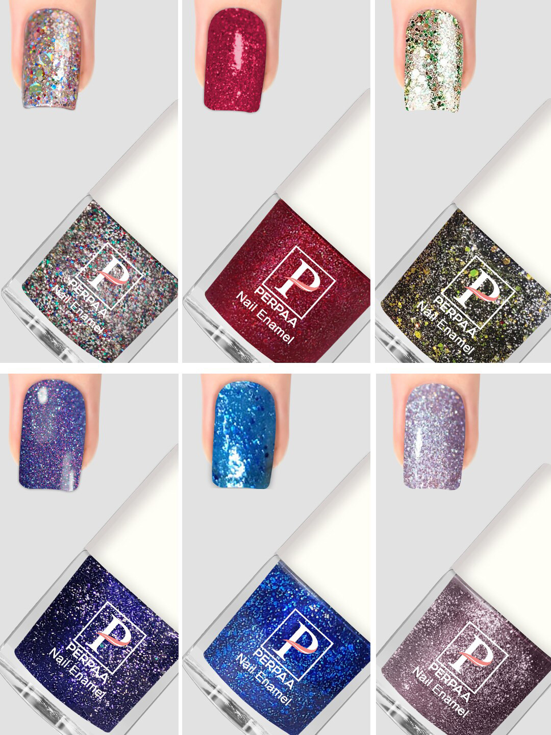 PERPAA Set Of 6 Glitter Light Flashing Sparkly Gel Nail Polish - 5ml Each