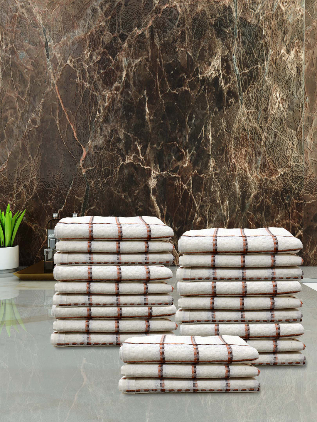 Athom Living Brown & White 24 Pieces Checked Pure Cotton Quick Dry Hand Towels