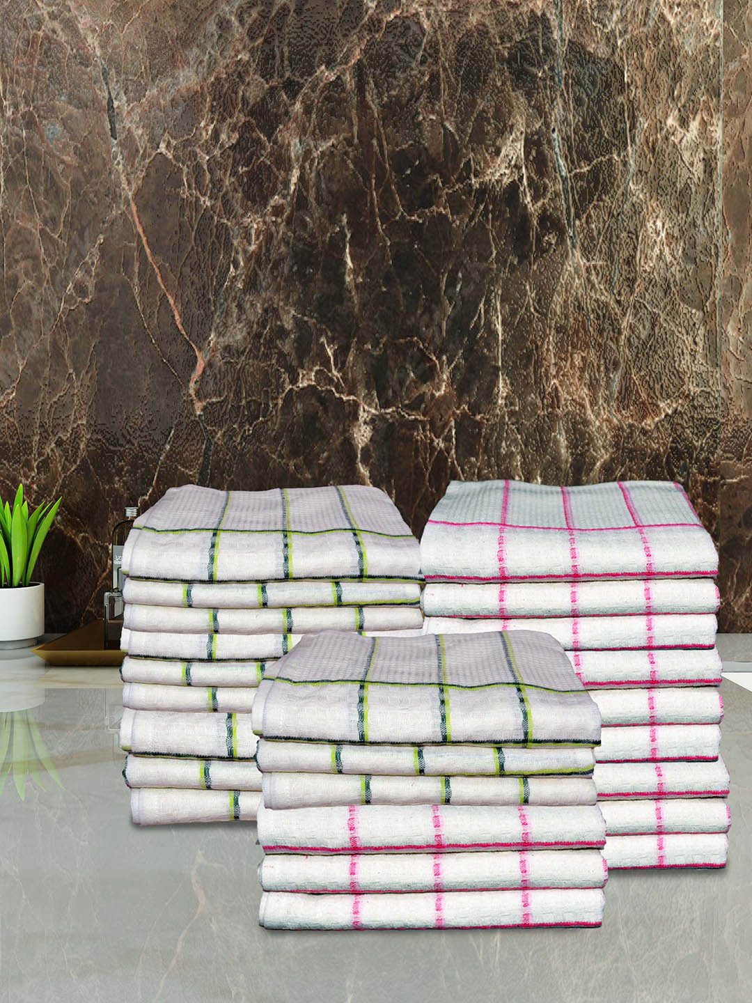 Athom Living White & Green 24 Pieces Striped Cotton Hand Towels