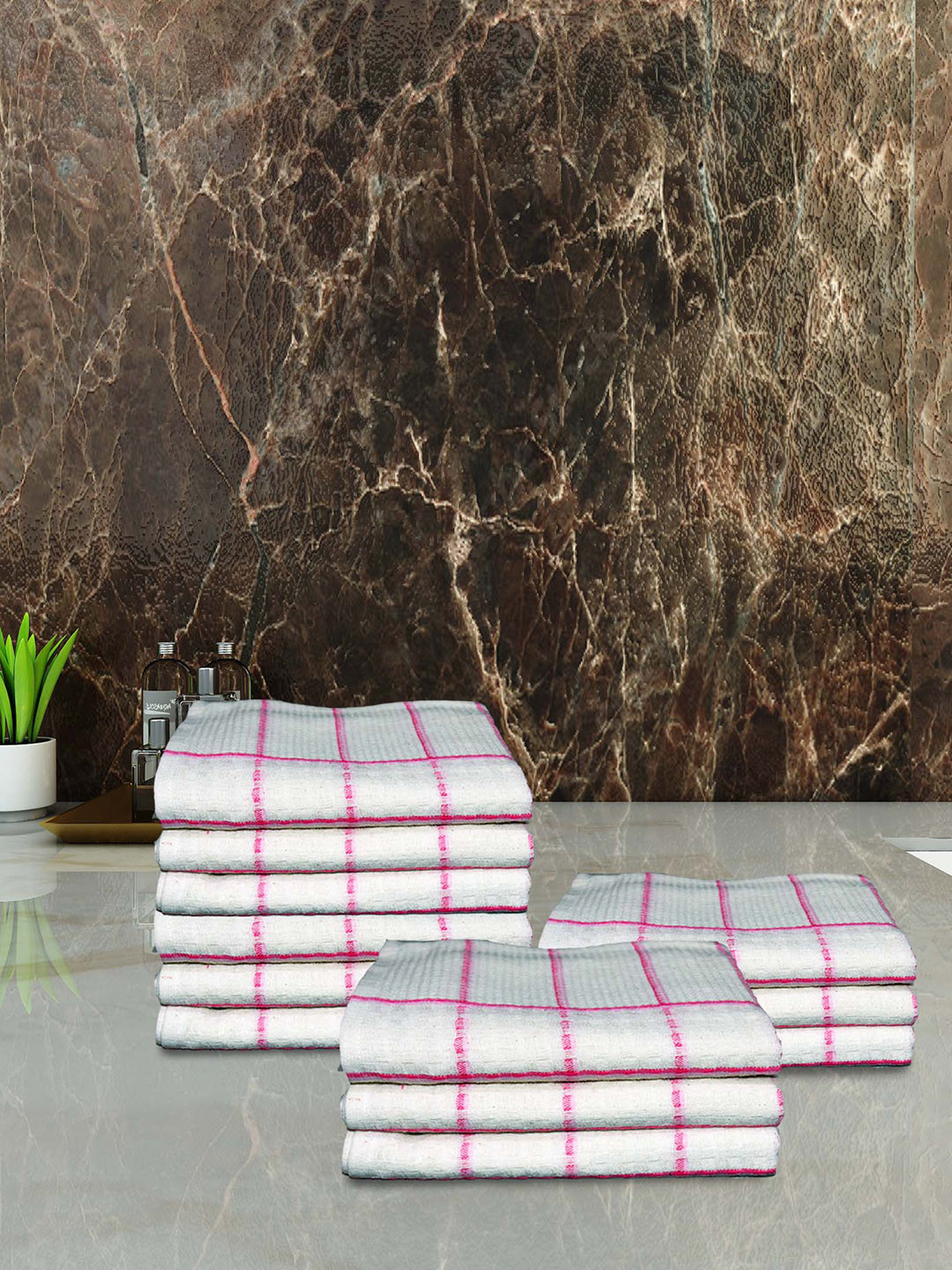 Athom Living White & Pink 12 Pieces Checked Pure Cotton 210 GSM Quick Dry Hand Towels