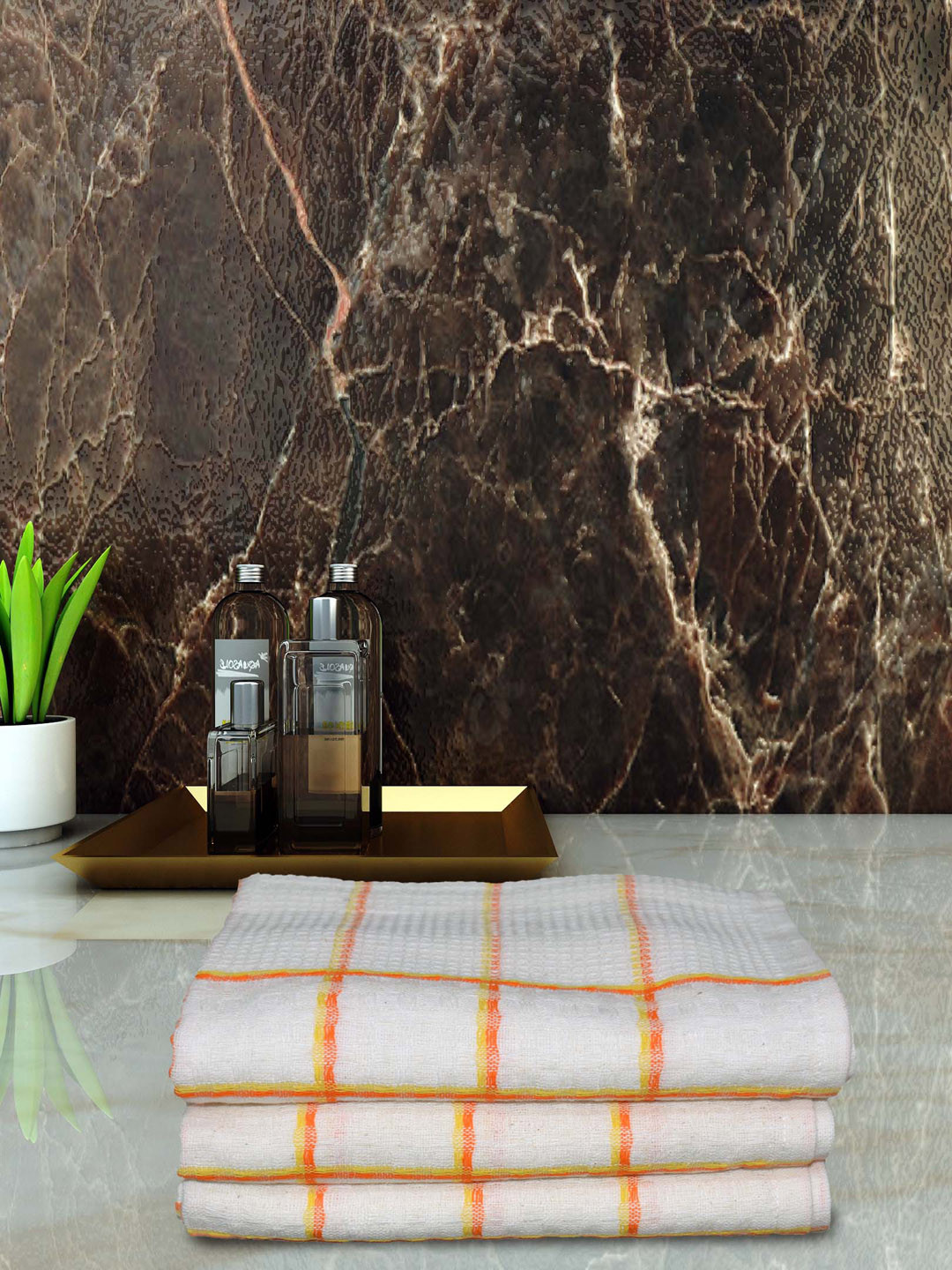 Athom Living Orange 3 Pieces Checked 210 GSM Pure Cotton Quick Dry Hand Towels