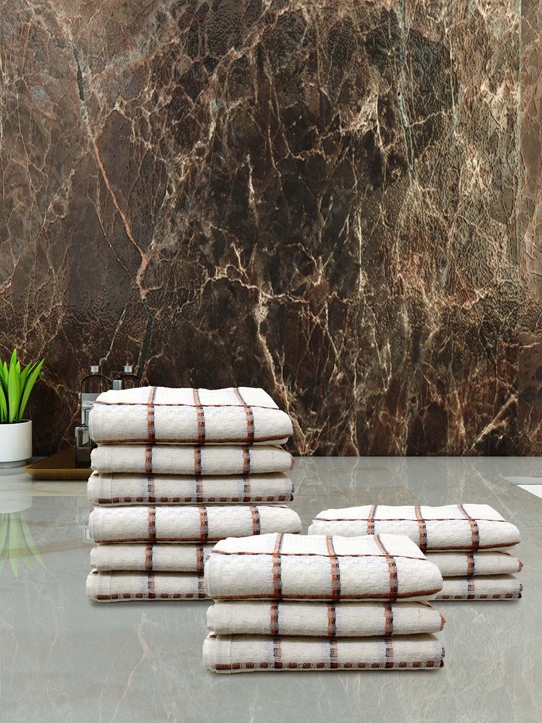 Athom Living White & Brown 12 Pieces Striped Quick Dry Cotton Hand Towels