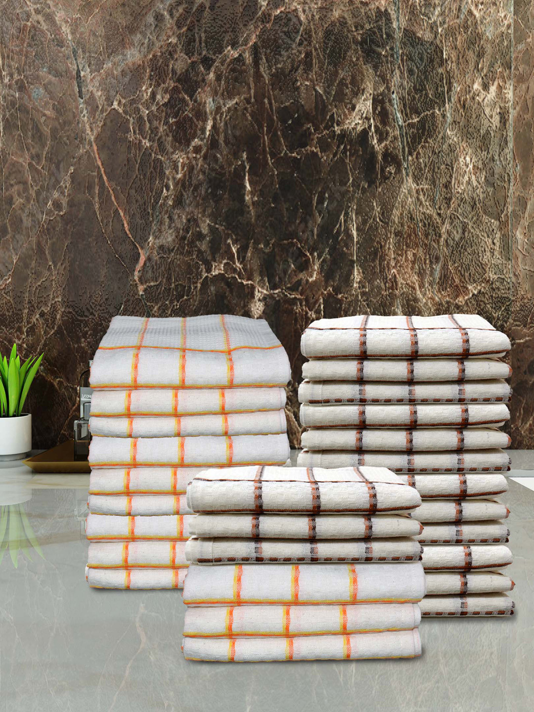 Athom Living White & Yellow 24 Pieces Striped Cotton Hand Towels