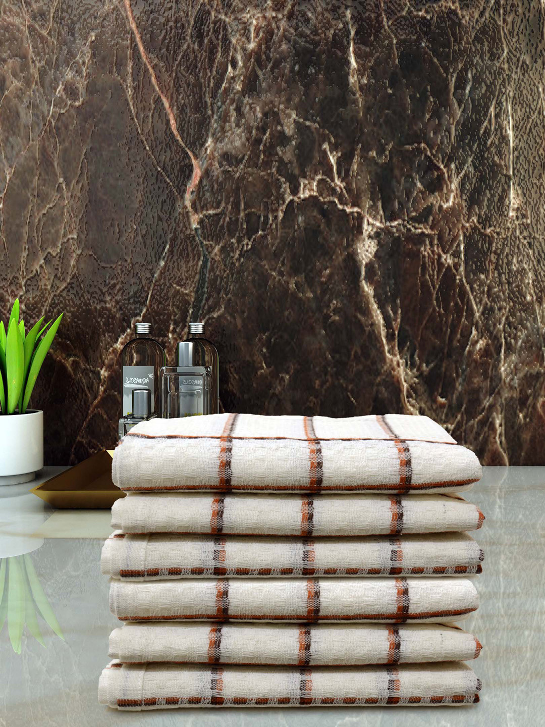 Athom Living White & Brown 6 Piees Striped Super Dry 210 GSM Pure Cotton Hand Towels