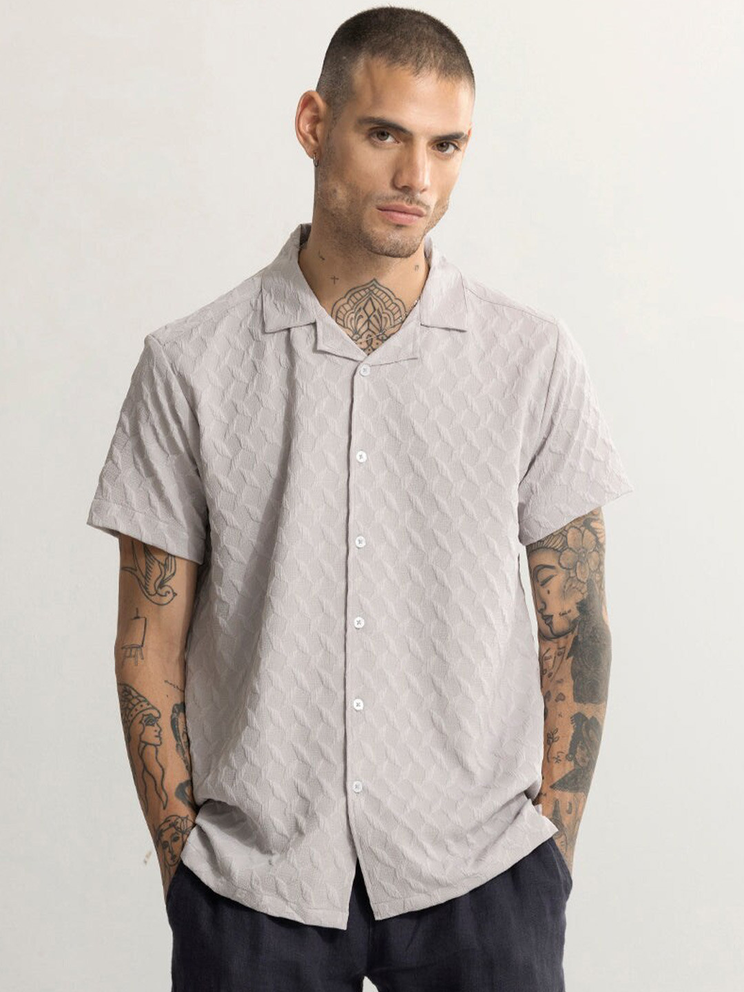 Snitch Grey Classic Boxy Textured Cuban Collar Casual Shirt