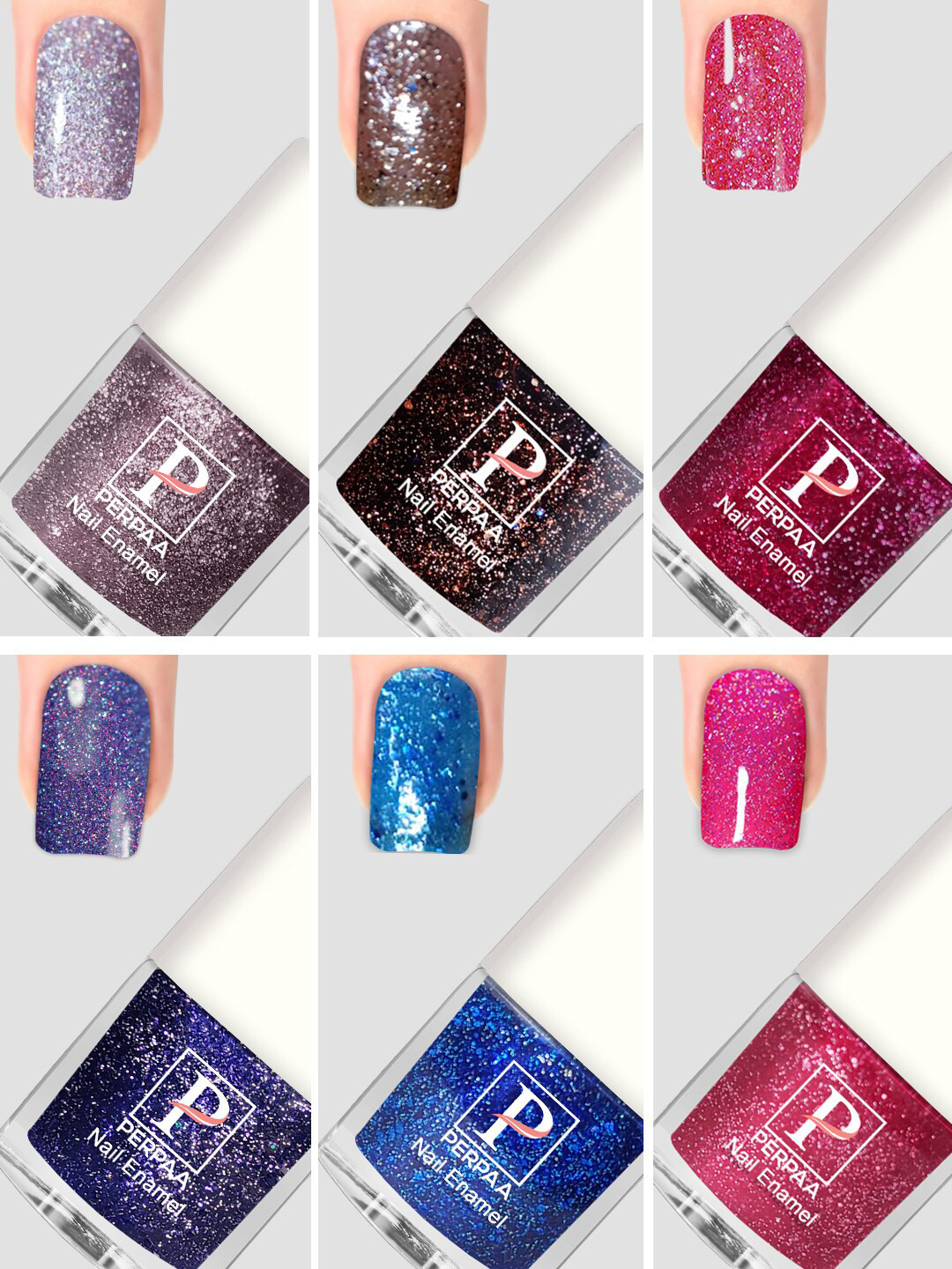 PERPAA Set Of 6 Glitter Light Reflective UV Gel Sparkly Nail Polish - 5ml Each