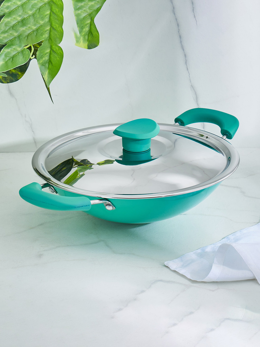 Home Centre Blair Nevada Teal Green Aluminium Induction Base Kadhai With Lid-2.5L