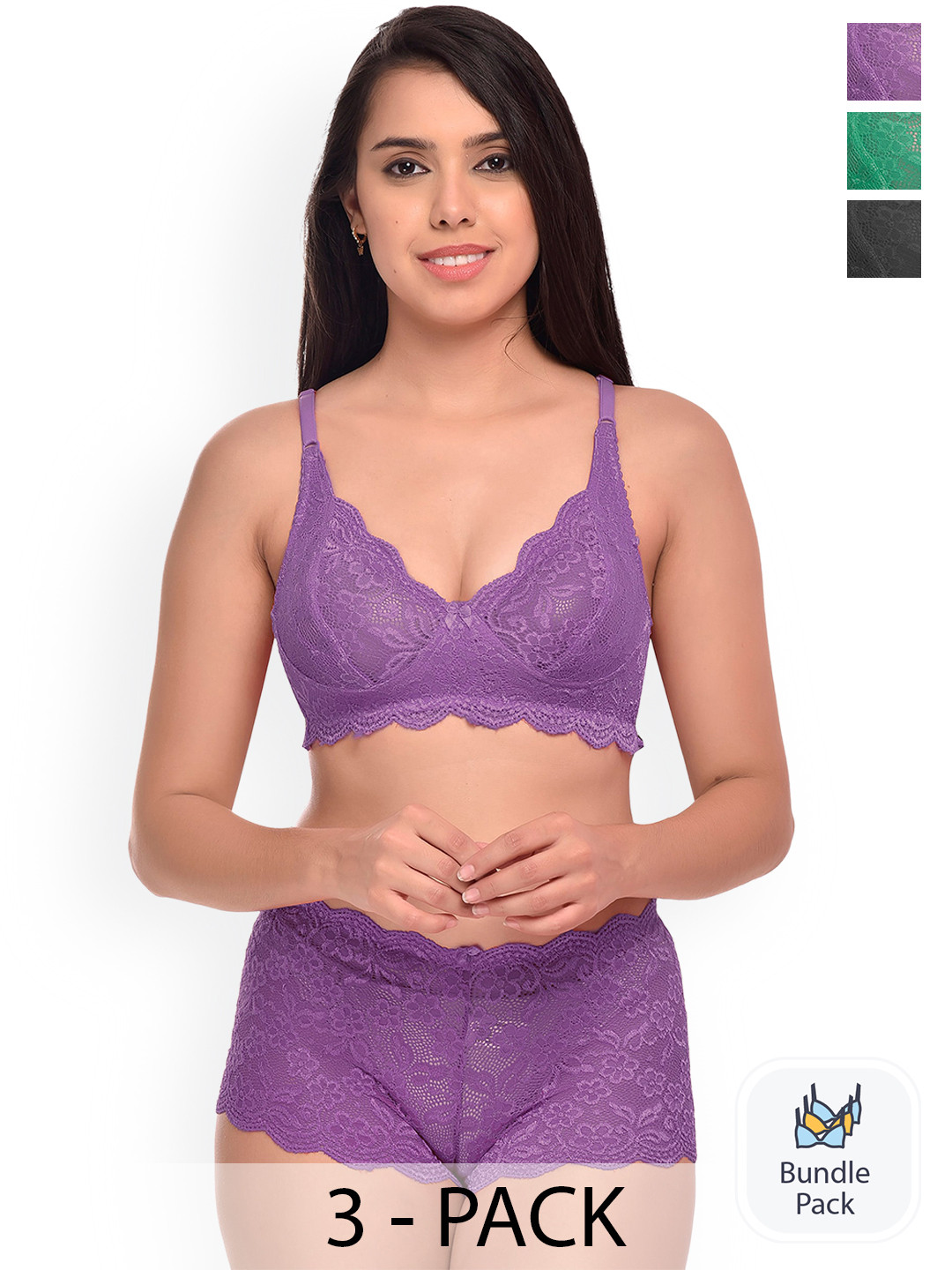 PIBU Pack Of 3 Self Design Non-Padded Lingerie Set F_Rain-Set_Green,Purple,Black_30