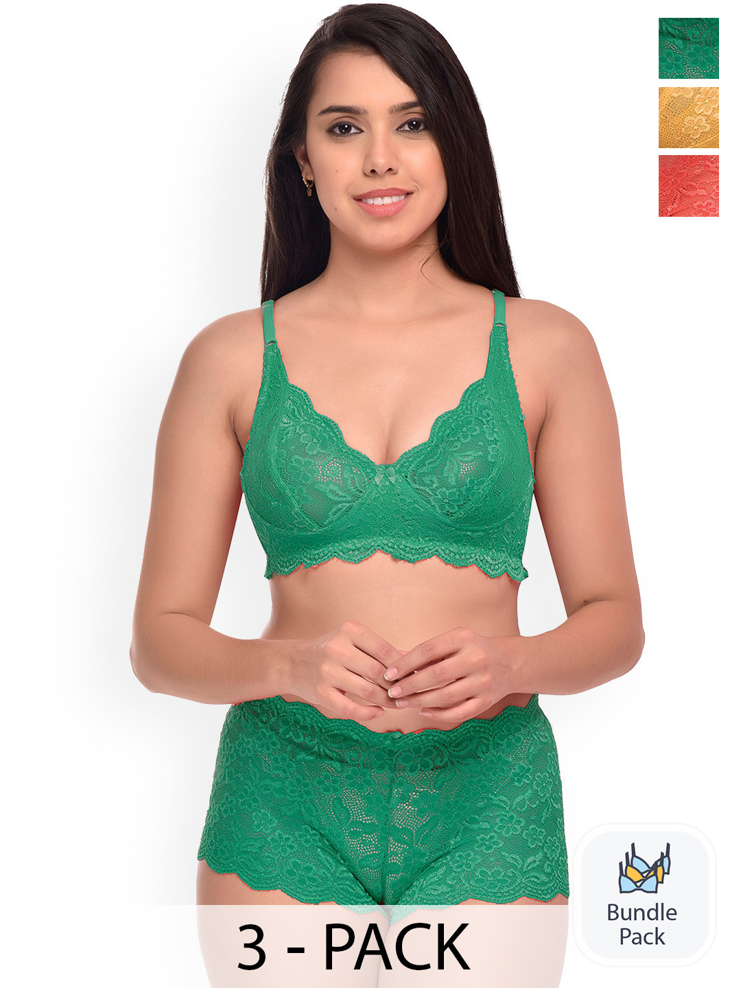 PIBU Pack Of 3 Self Design Non-Padded Lingerie Set F_Rain-Set_Red,Yellow,Green_30