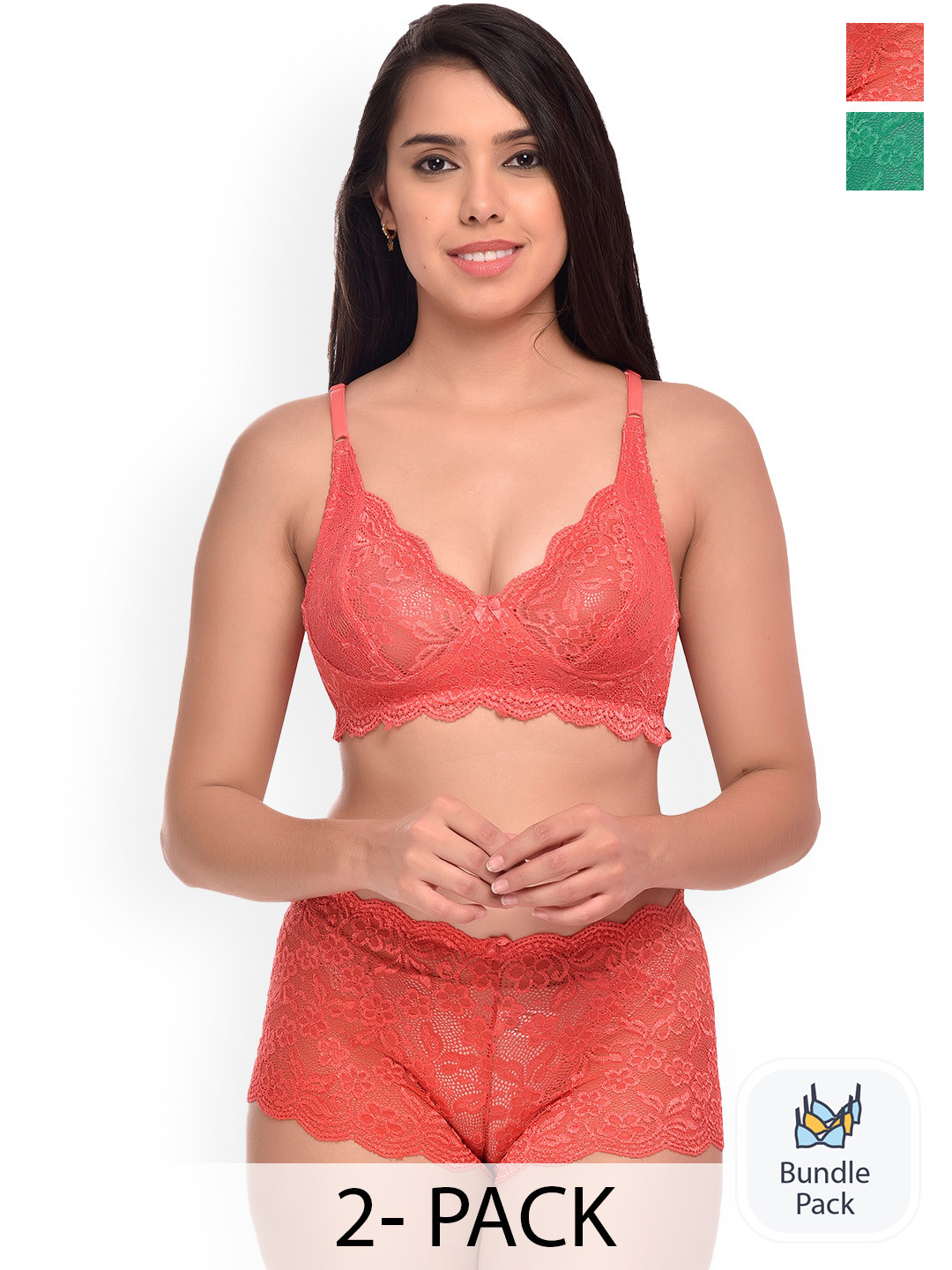 PIBU Pack Of 2 Self-Design Non-Padded Net Lingerie Set F_Rain-Set_Red,Green_30
